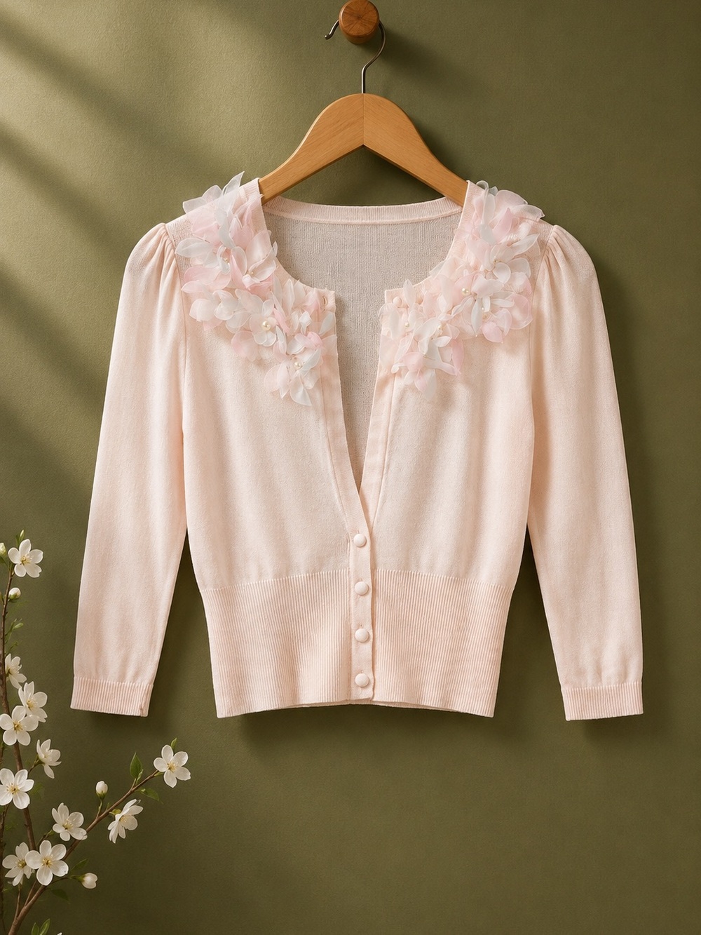 Romantic Blush Pink Lightweight Floral Appliqué Cardigan – Size S